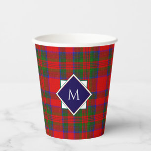 Red Wool Plaid Tartan with Central Monogram Badge Paper Cups
