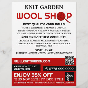 Red Wool Shop Logo, Knitting Store, Yarn Store Flyer