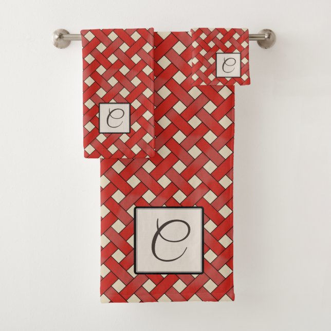 Red Woven Rattan on Custom Colour with Monogram Bath Towel Set (Insitu)