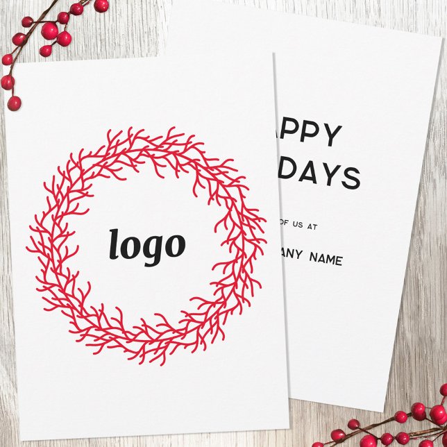 Red Wreath Logo Business Holiday Card (Logo wreath business promotional holiday card)