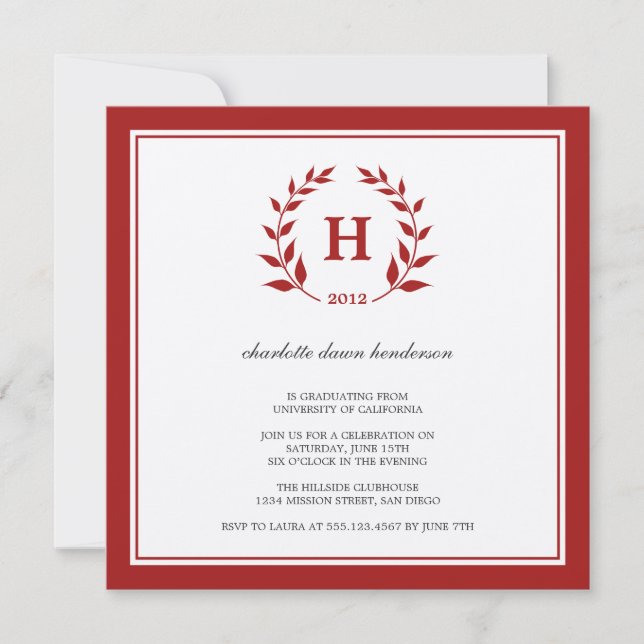 Red wreath monogram graduation class invitation (Front)