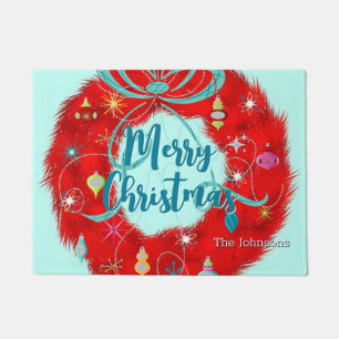 Red Wreath Retro Christmas Doormat