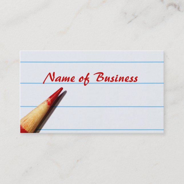 Red Writing With Teacher Pencil On Lined Paper Business Card (Front)