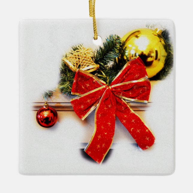 Red Xmas bow Ceramic Ornament (Front)