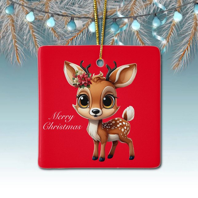 Red Xmas Reindeer, Poinsettia Christmas Deer 🦌🎄 Ceramic Ornament (Baby Deer, Floral Fawn Doe Poinsettia Customizable Merry Christmas Red Square Ceramic Ornament 🦌🎄)