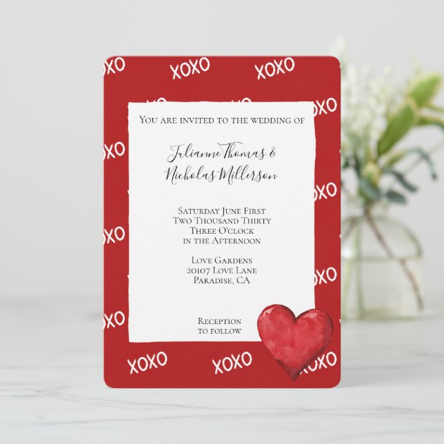 Red XOXO Heart Wedding Invitation (Standing Front)
