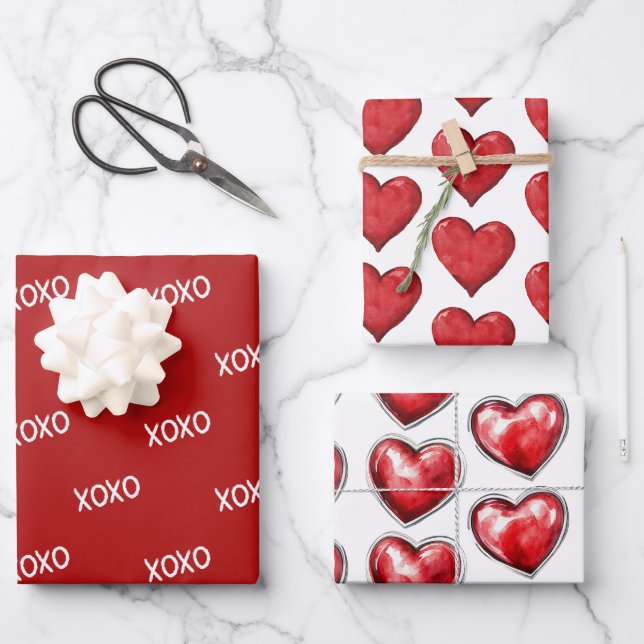 Red XOXO Hearts Wedding Wrapping Paper Sheet (Front)