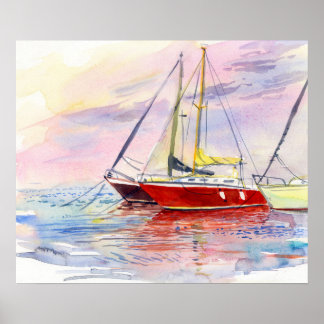 Red Yachts at the Pier Watercolor Seascape Art Poster