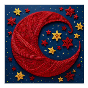 Red Yarn Crescent Moon With Small Yarn Stars Poster