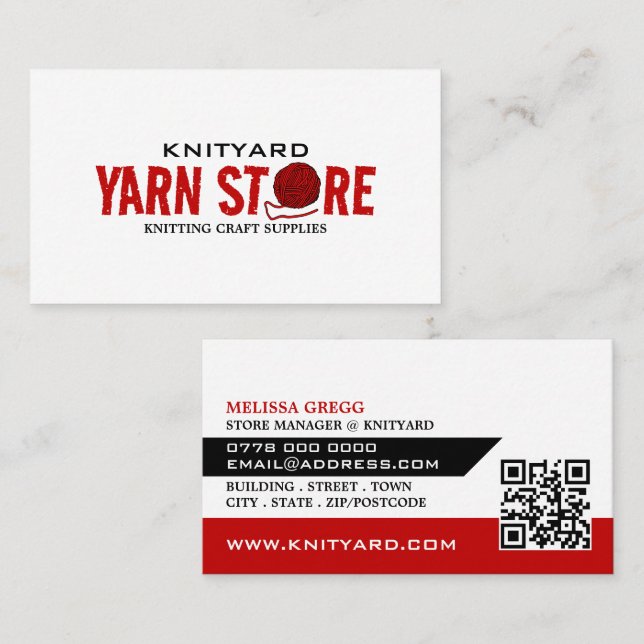 Red Yarn Store Logo, Knitting Store, Yarn Store Business Card (Front/Back)