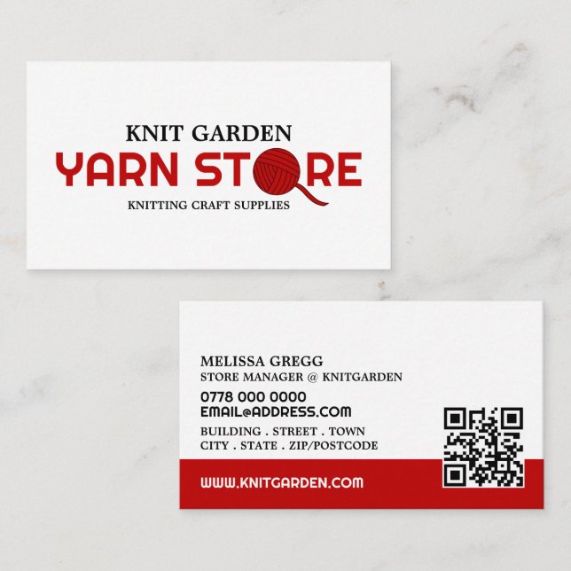 Red Yarn Store Logo, Knitting Store, Yarn Store Business Card (Front/Back)