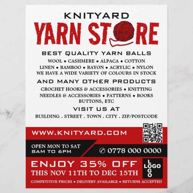 Red Yarn Store Logo, Knitting Store, Yarn Store Flyer (Front)