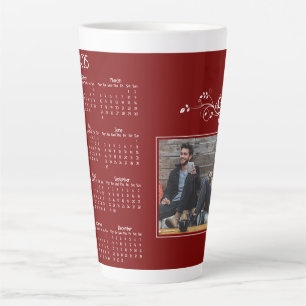 Red Year 2025 Photo Calendar with Foliage  Latte Mug