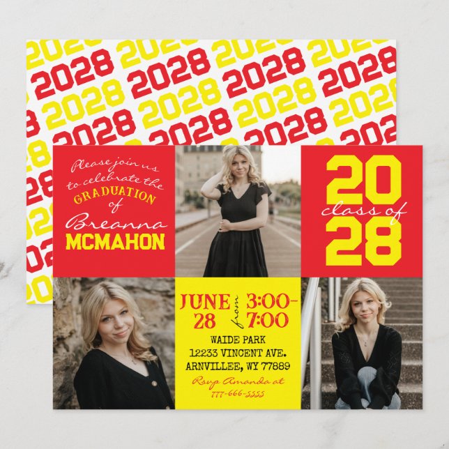 Red & Yellow 3 Photo Graduation Invitation (Front/Back)