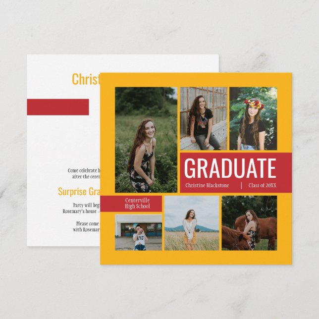 Red & Yellow 6 Photo Graduation Invitation (Front/Back)