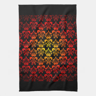 Red, yellow and black damask tea towel