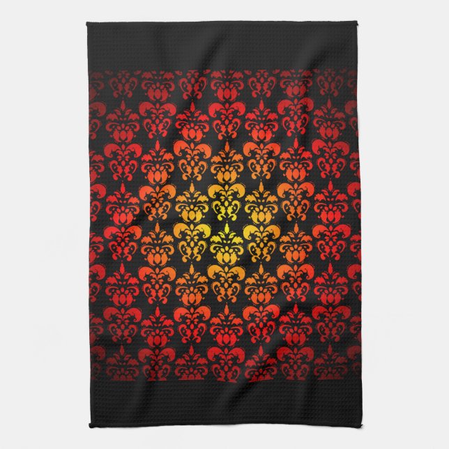 Red, yellow and black damask tea towel (Vertical)