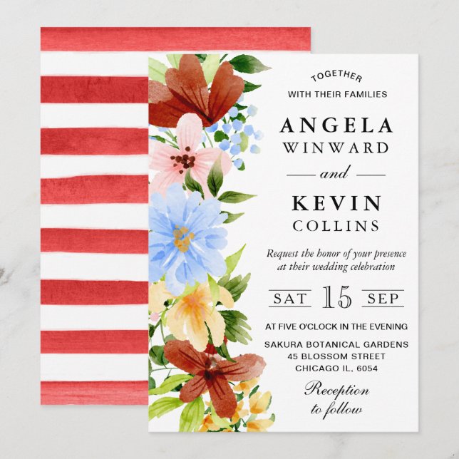 Red Yellow and Blue Boho Flowers Wedding Invitation (Front/Back)