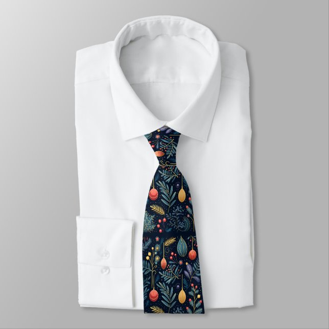Red Yellow and Blue Christmas Decorations On Navy Tie (Tied)