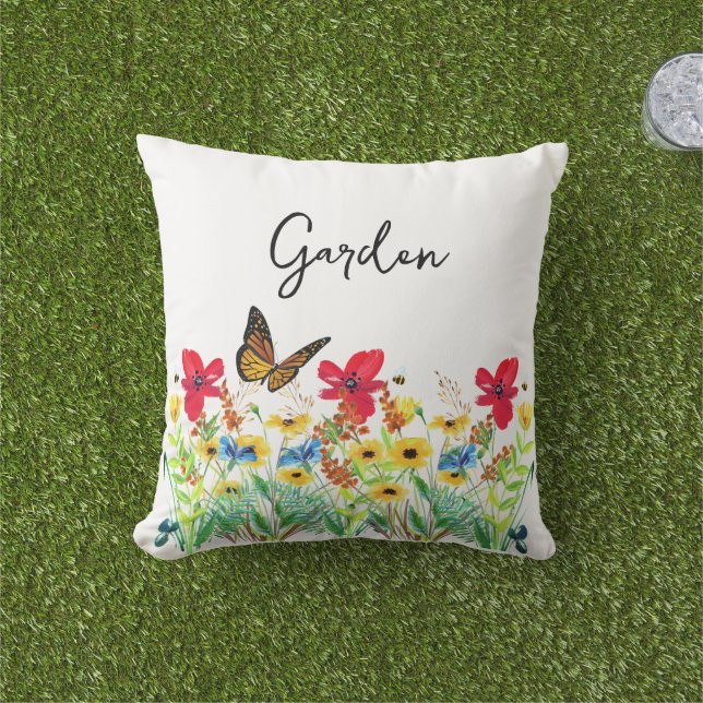 Red Yellow and Blue Floral with Butterfly  Cushion (Grass)