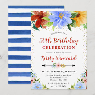 Red, Yellow and Blue Flowers 50th Birthday Invitation