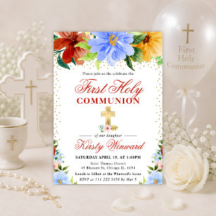 Red, Yellow and Blue Flowers First Holy Communion Invitation