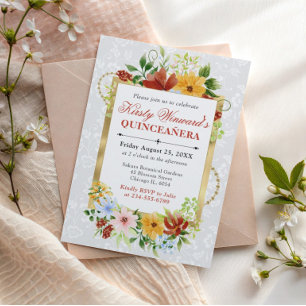 Red, Yellow and Blue Flowers Gold Quinceanera Invitation