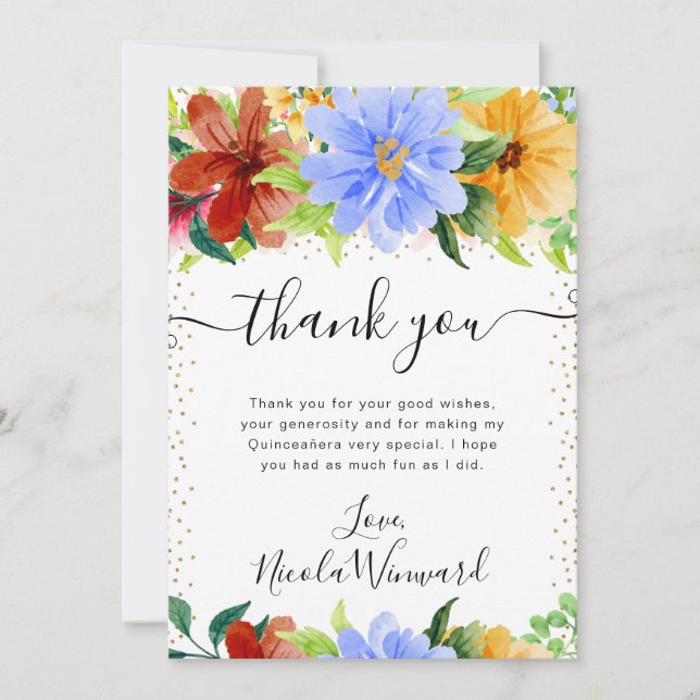 Red, Yellow and Blue Flowers Quinceanera Thank You Card (Front)