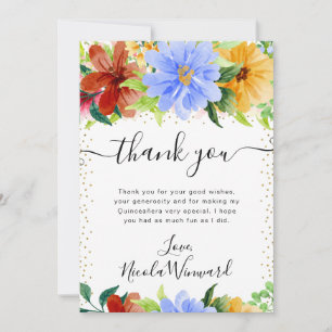 Red, Yellow and Blue Flowers Quinceanera Thank You Card