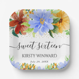 Red Yellow and Blue Flowers Sweet Sixteen Paper Plate