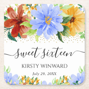 Red Yellow and Blue Flowers Sweet Sixteen Square Paper Coaster