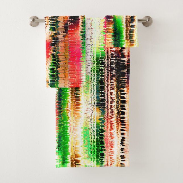 Red yellow and green coloured striped sliced paper bath towel set (Insitu)