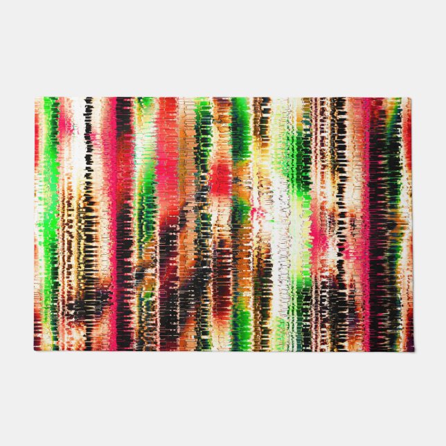 Red yellow and green coloured striped sliced paper doormat (Front)