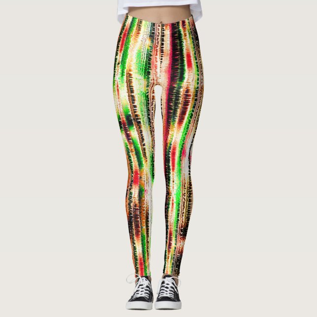Red yellow and green coloured striped sliced paper leggings (Front)