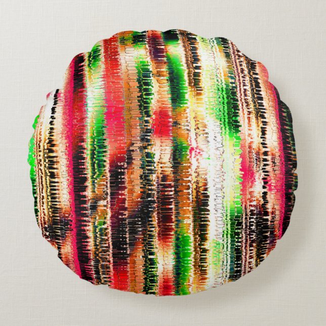 Red yellow and green coloured striped sliced paper round cushion (Front)