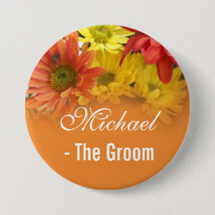 Red, yellow and orange daisy bride, groom wedding 7.5 cm round badge