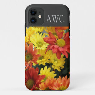 red, yellow and orange daisy flowers, monogram iPhone 11 case