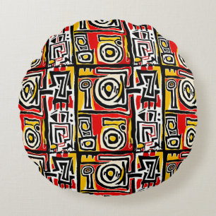 Red Yellow Black Abstract African Tribal Geometric Round Cushion