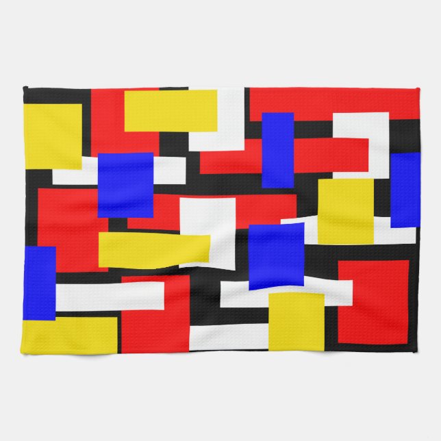 Red, Yellow, Black and Blue Geometric Blocks Tea Towel (Horizontal)