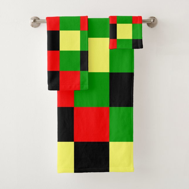 Red, Yellow, Black and Green Checkers Bath Towel Set (Insitu)