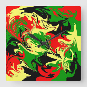 Red, Yellow, Black and Green Swirls Square Wall Clock