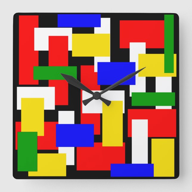 Red, Yellow, Black, Blue and Green Blocks Square Wall Clock (Front)