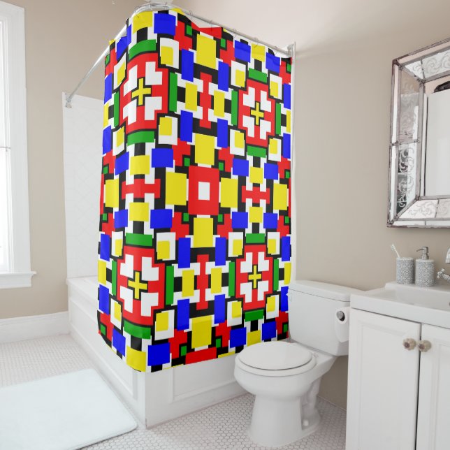 Red, Yellow, Black, Blue and Green Geometrics  Shower Curtain (In Situ)