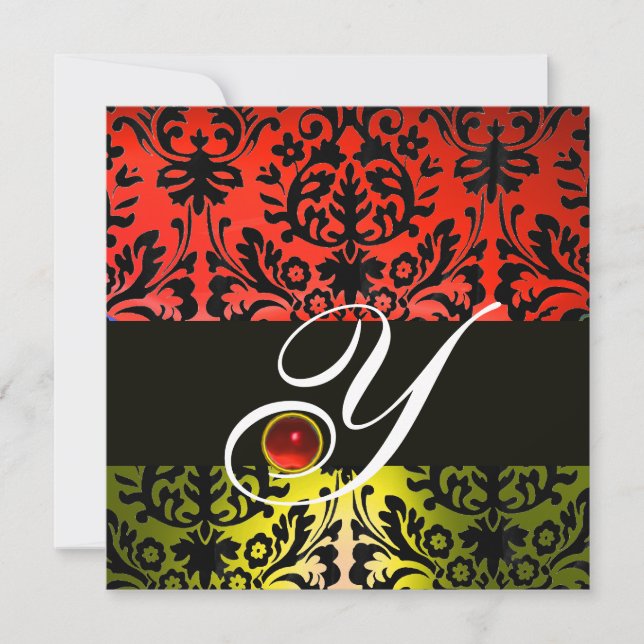 RED YELLOW BLACK DAMASK MONOGRAM Ruby Invitation (Front)