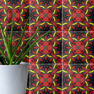 Red Yellow Black Ethnic Arabesque Mosaic Boho Chic Tile