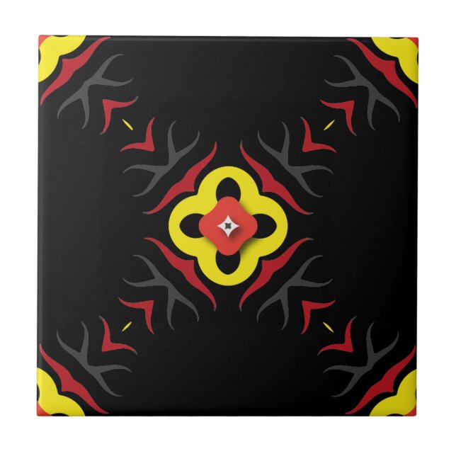 Red Yellow Black Grey Ethnic Abstract Geometric Tile (Front)