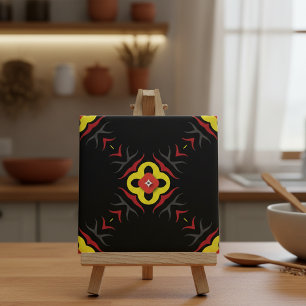 Red Yellow Black Grey Ethnic Abstract Geometric Tile