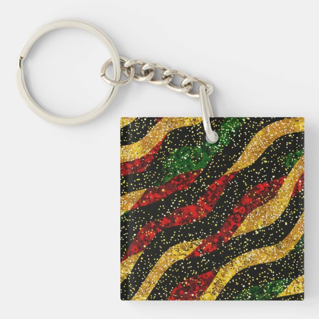 Red Yellow Black Waves of Festive Glitter Key Ring (Front)
