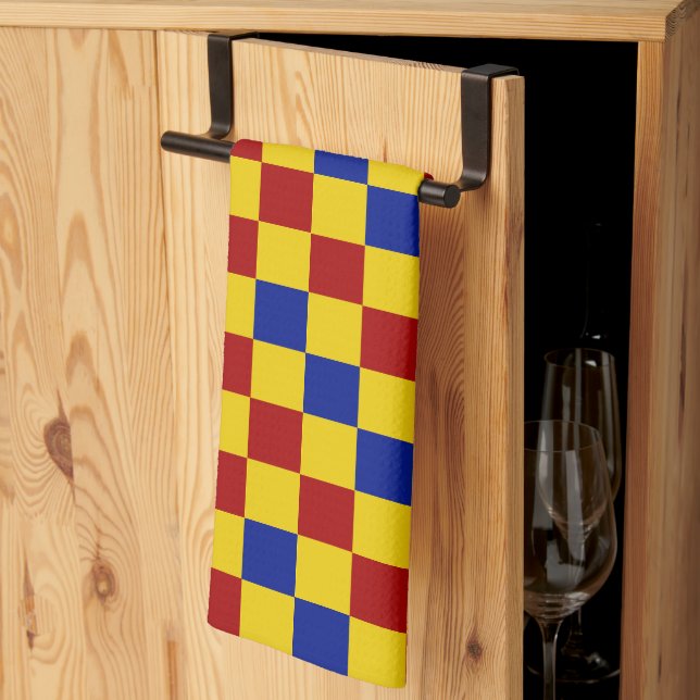 Red Yellow Blue Chequered Pattern Design  Tea Towel (Thirds Fold)