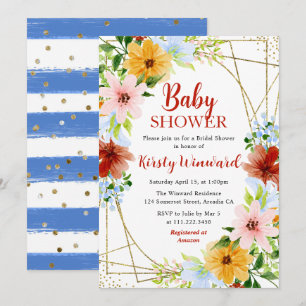 Red Yellow Blue Flowers Gold Frame Baby Shower Invitation